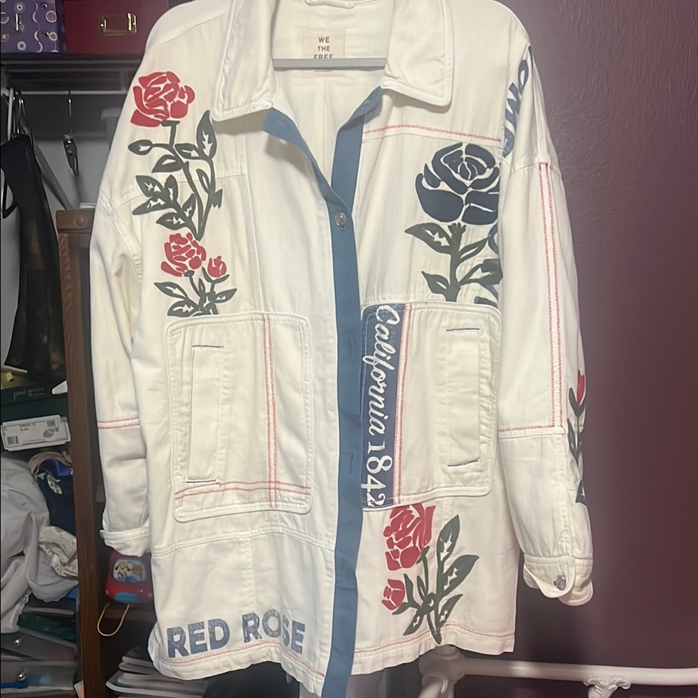 We The Free White Jean Jacket with Red & Navy Rose Graphics